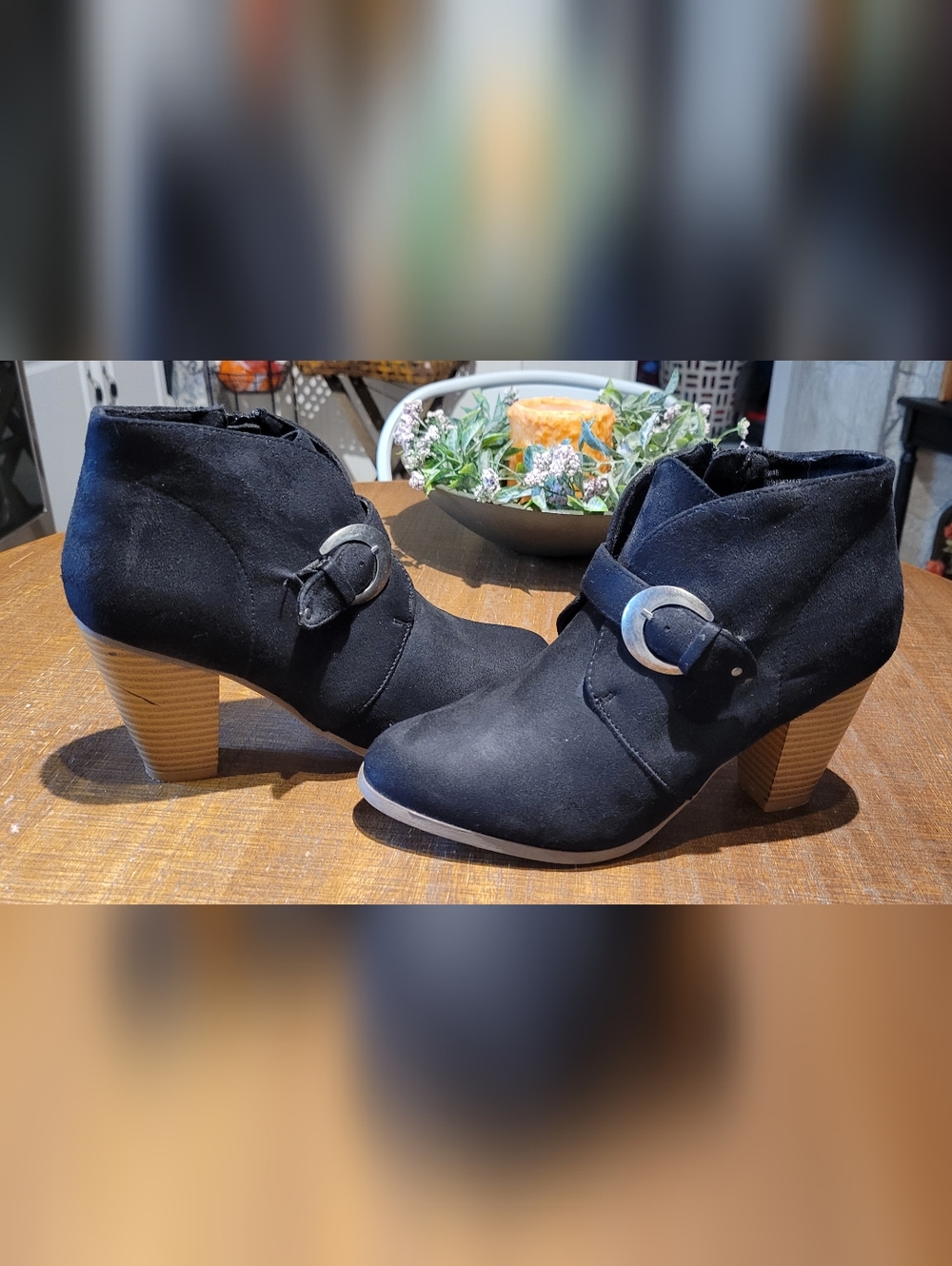 Women's Size 8 Black Ankle Booties with Buckle Accent